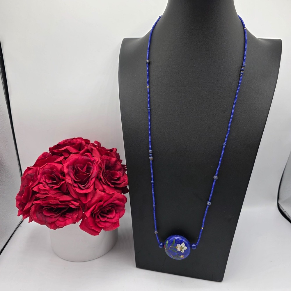 Vintage Cloisonne Pendant Necklace Blue Beaded Floral Motif Statement Jewelry